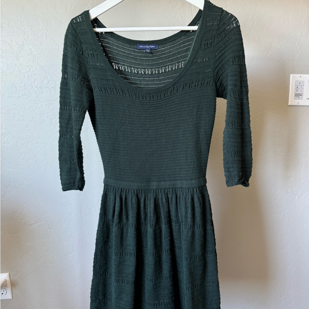 American Eagle Outfitters Green Cuffed Sleeve Fit and Flare Dress